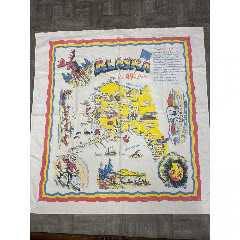 Vintage‎ Alaska 49th State Map Souvenir Tablecloth Large Linen Wall Art Decor